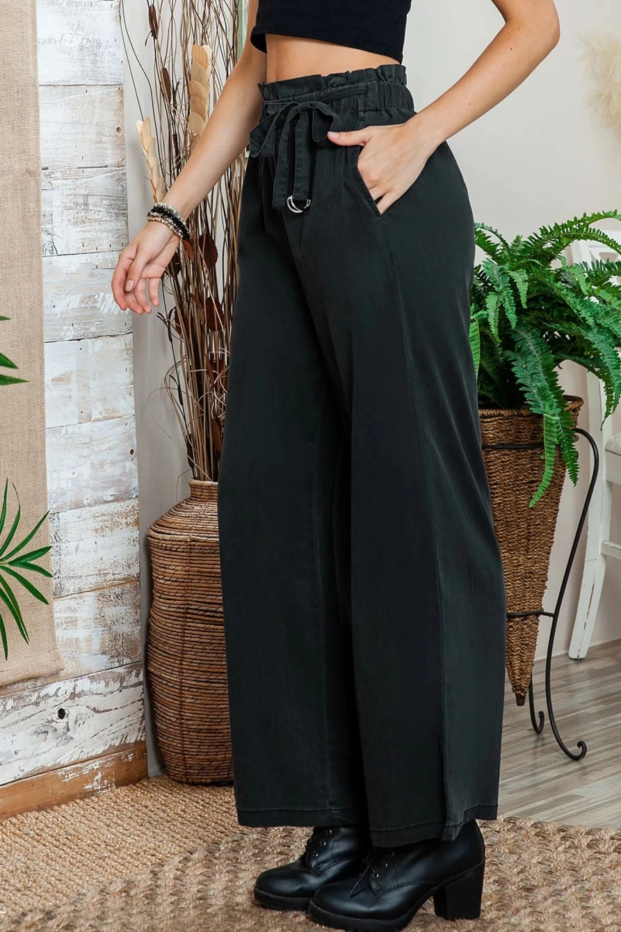 Shewin Women's Black High Waisted Elastic Wide Leg Pants with Pockets - Comfortable & Stylish Trousers