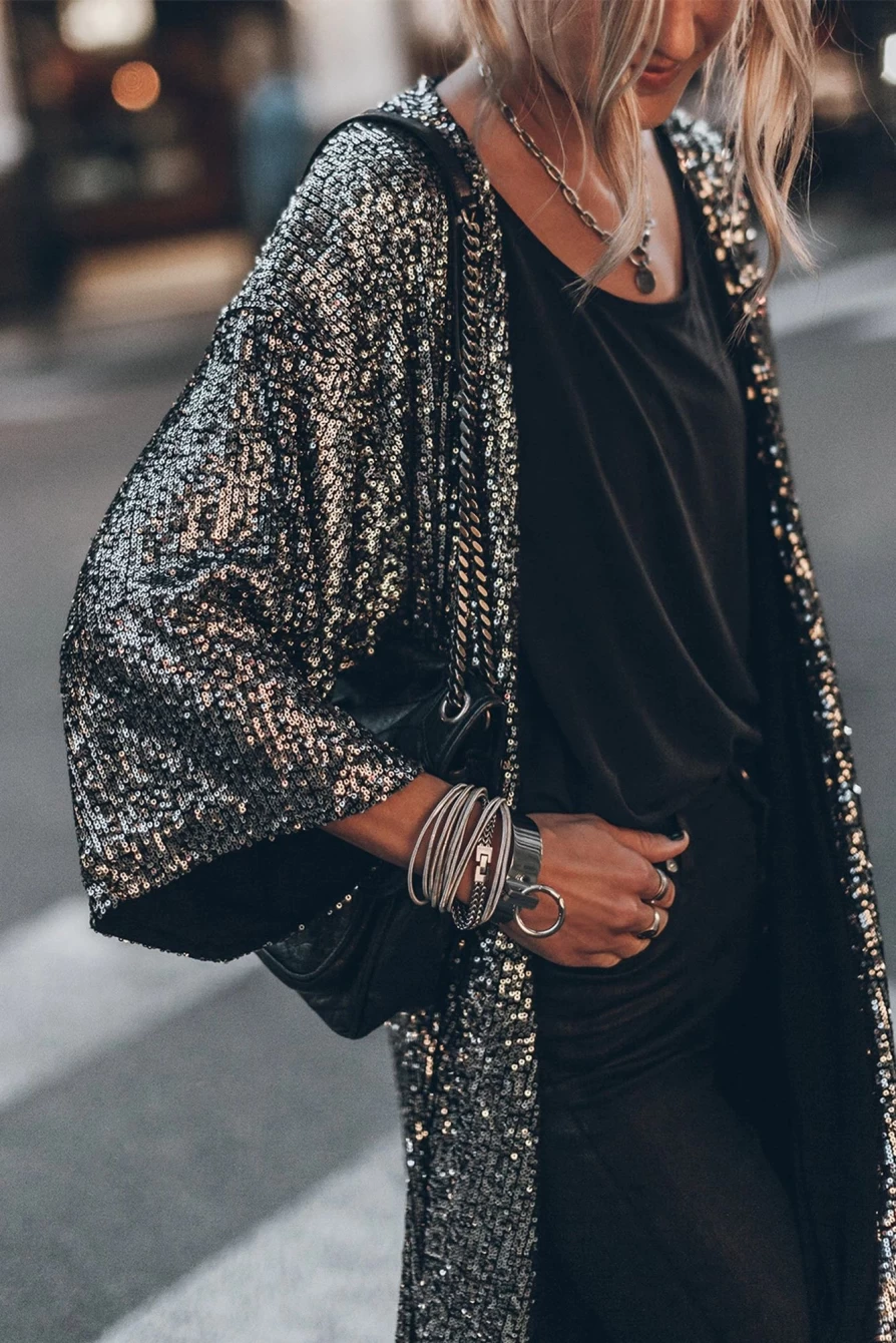 Shewin Women's Silvery Sequin Long Sleeve Open Front Cardigan with Bracelet Detail