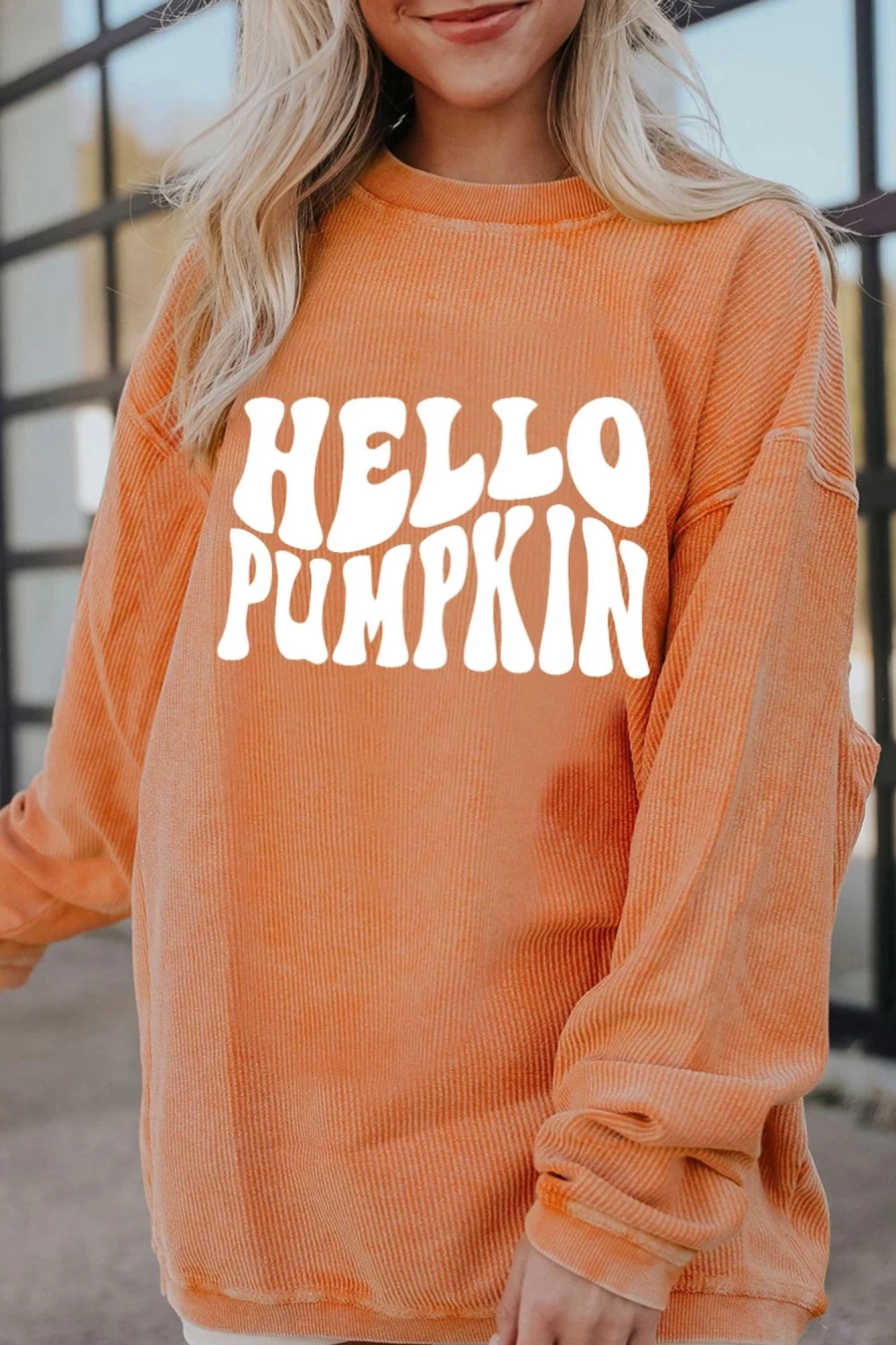 Shewin Women's Orange Hello Pumpkin Graphic Corded Sweatshirt - Cozy Fall Pullover