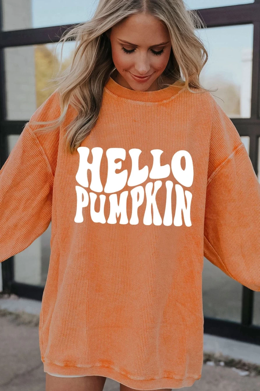 Shewin Women's Orange Hello Pumpkin Graphic Corded Sweatshirt - Cozy Fall Pullover