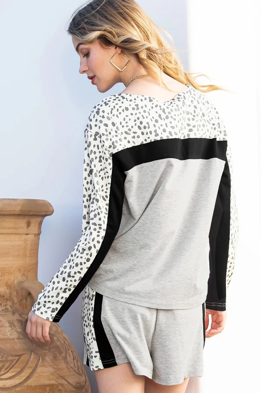 "SheWin Women's Gray Leopard Colorblock Patchwork Pullover and Shorts Set"