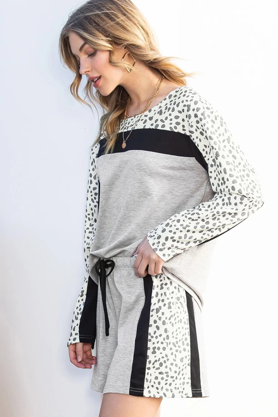 "SheWin Women's Gray Leopard Colorblock Patchwork Pullover and Shorts Set"
