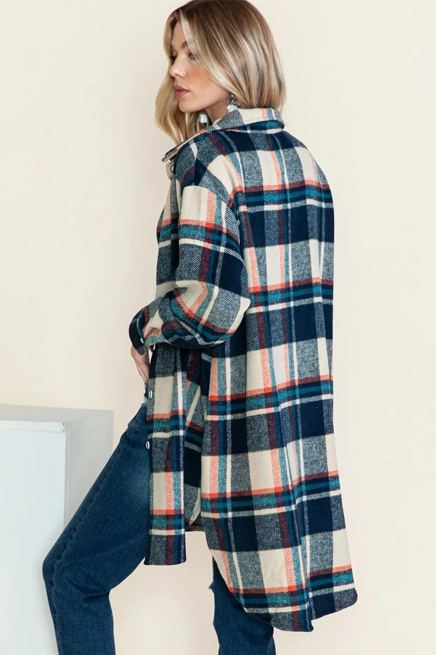 Women's Apricot Plaid Shacket with Pockets - Shewin Mid-Length Coat