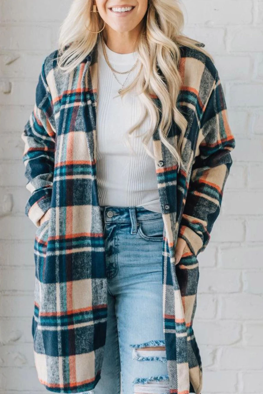 Women's Apricot Plaid Shacket with Pockets - Shewin Mid-Length Coat