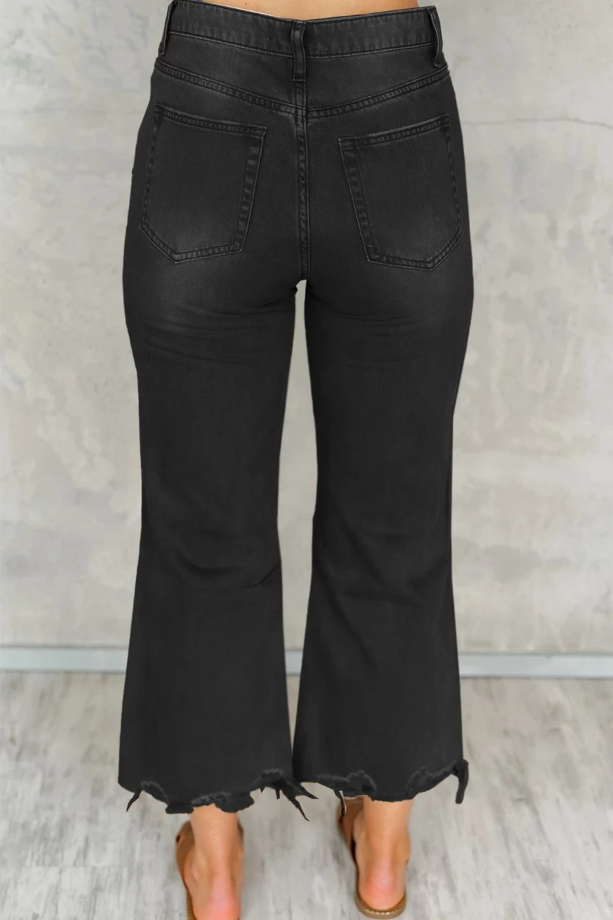 Shewin Women's Black Distressed High Waist Flare Jeans with Hollow Out Design