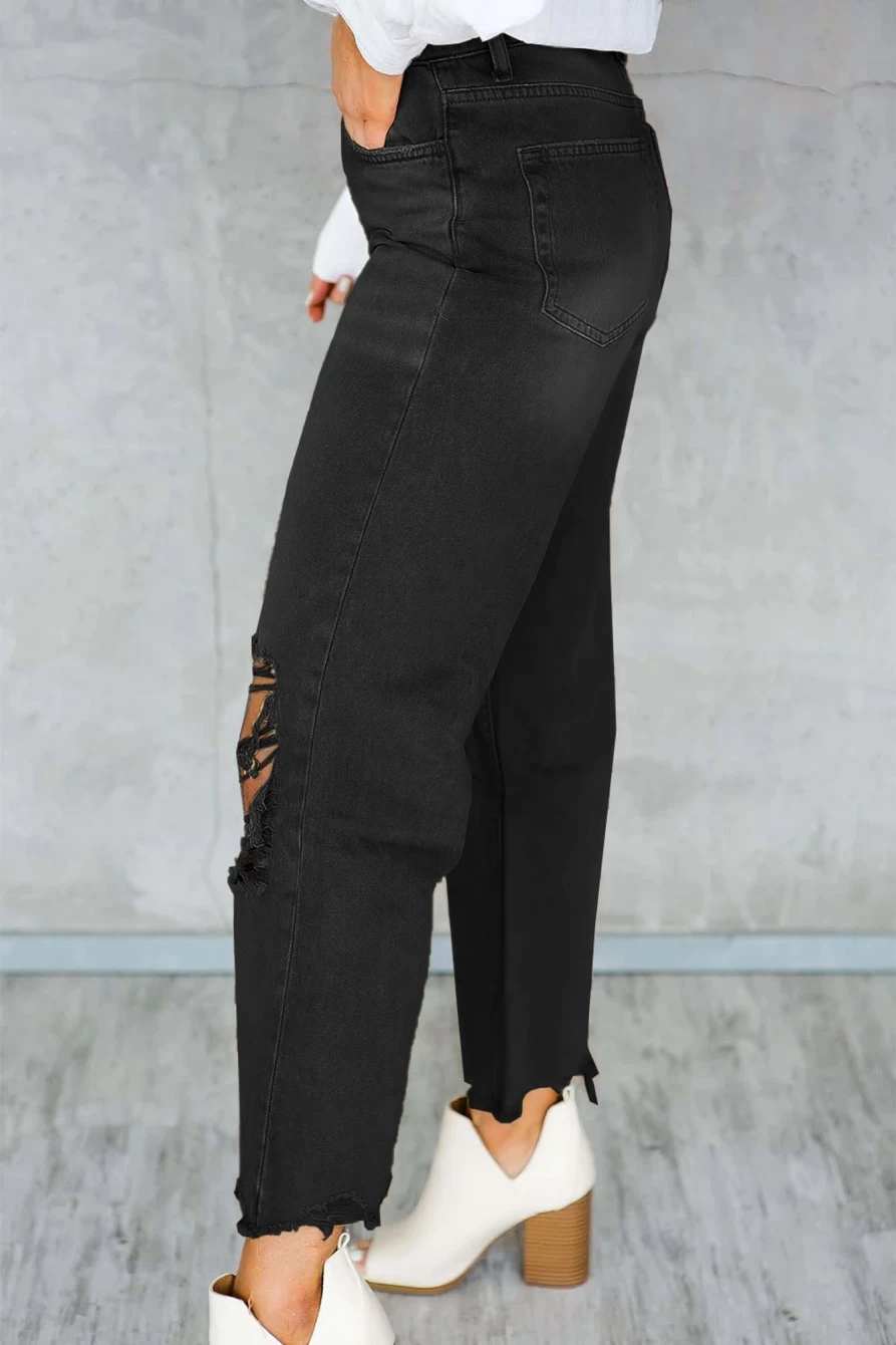 Shewin Women's Black Distressed High Waist Flare Jeans with Hollow Out Design