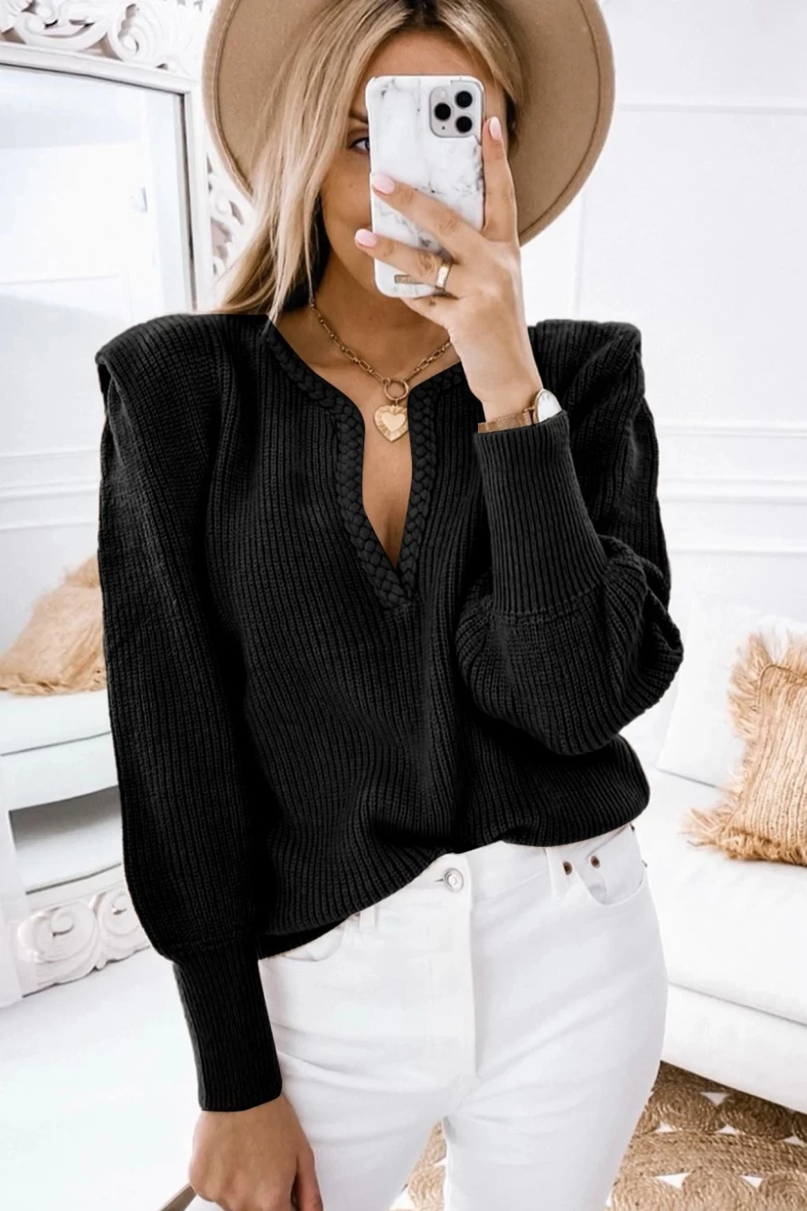 Shewin Women's Black Knitted Split V-Neck Puff Sleeve Sweater