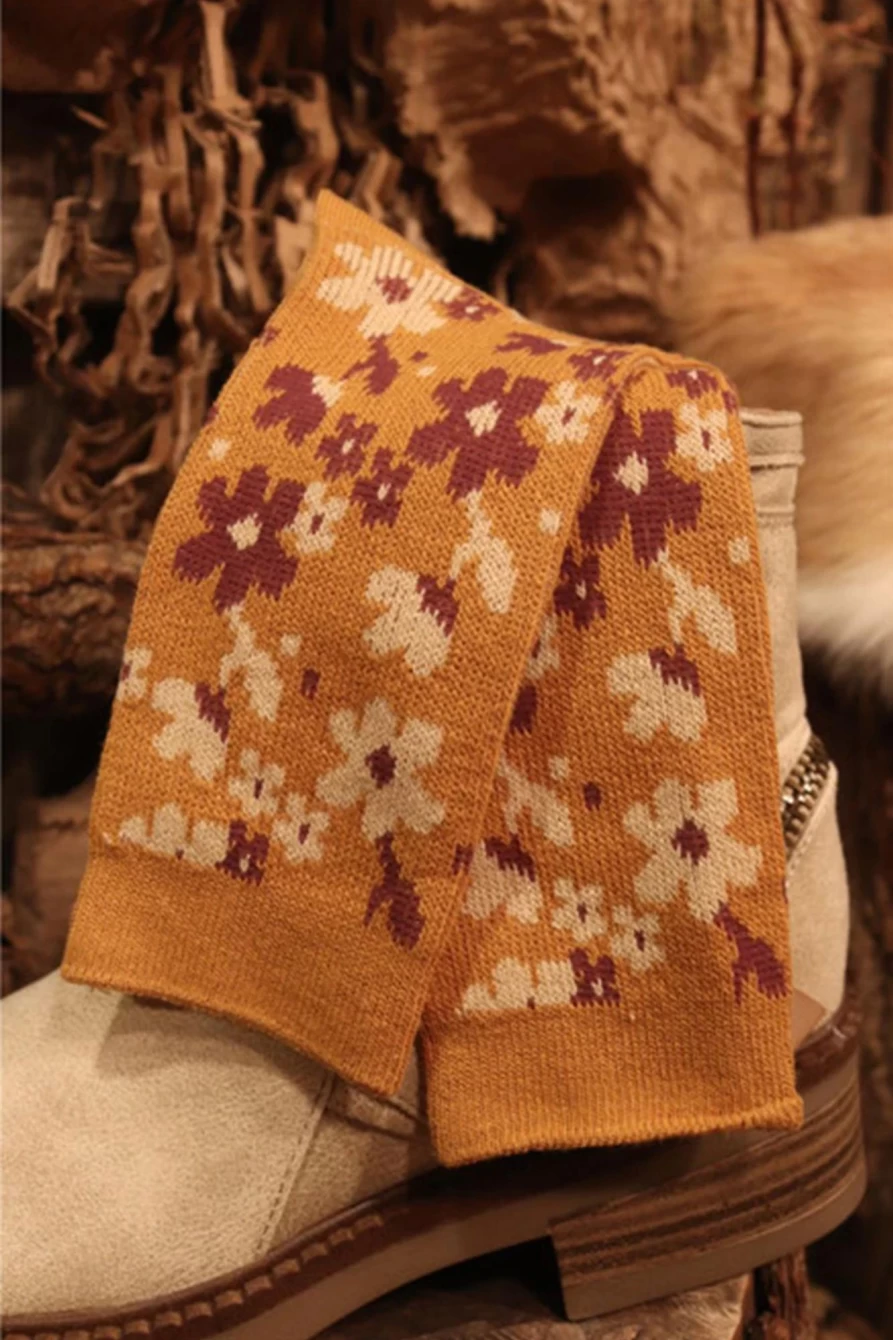 Shewin Women's Mustard Vintage Floral High Ankle Socks - Retro Pattern Comfort