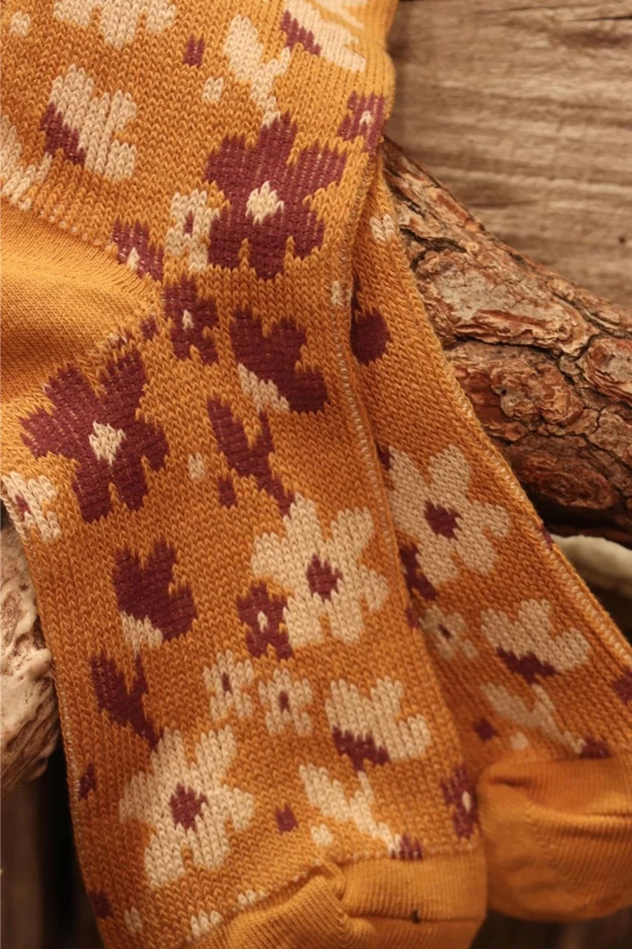 Shewin Women's Mustard Vintage Floral High Ankle Socks - Retro Pattern Comfort