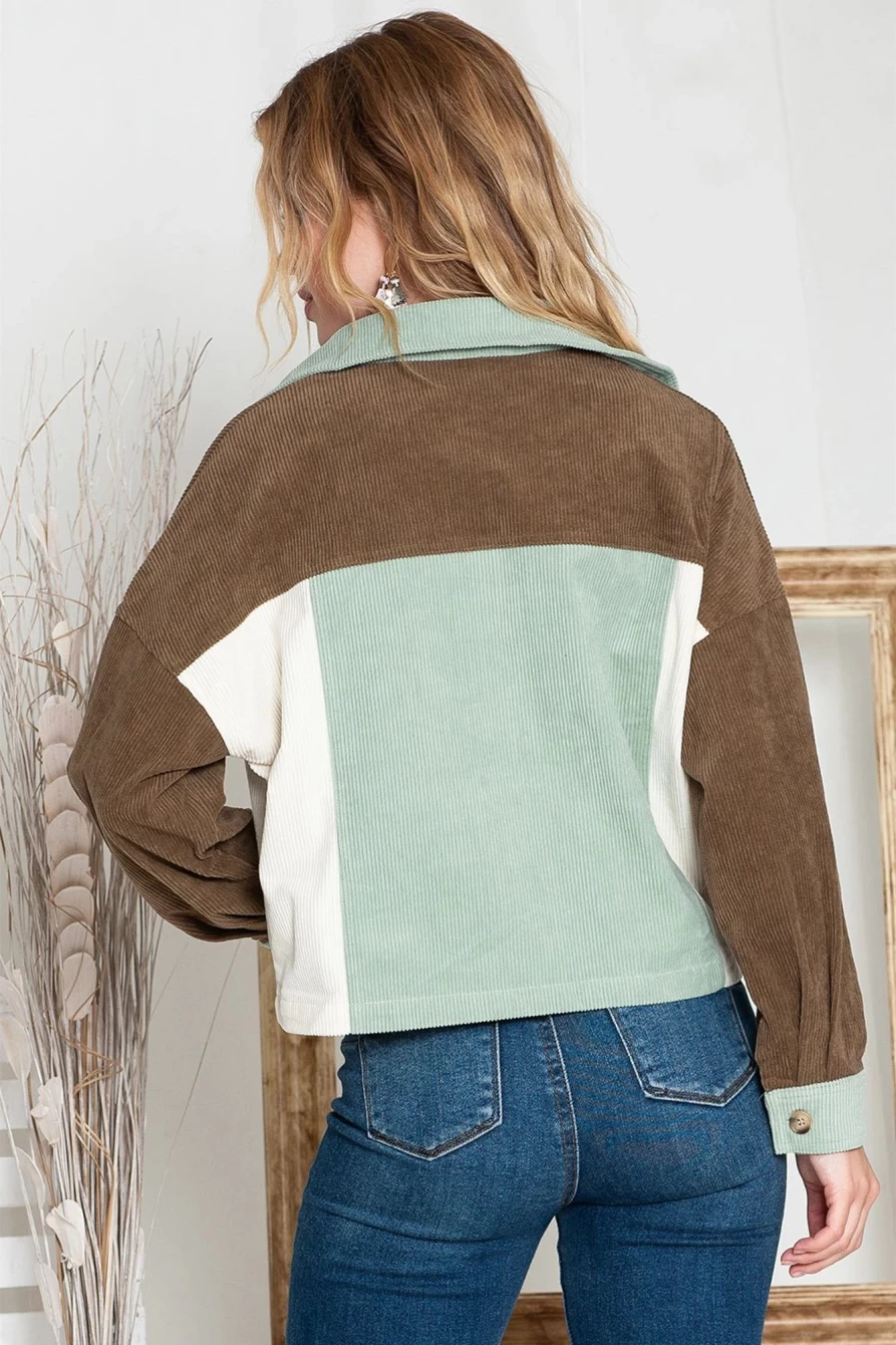 Women's Green Corduroy Cropped Jacket with Color Block Design - Shewin