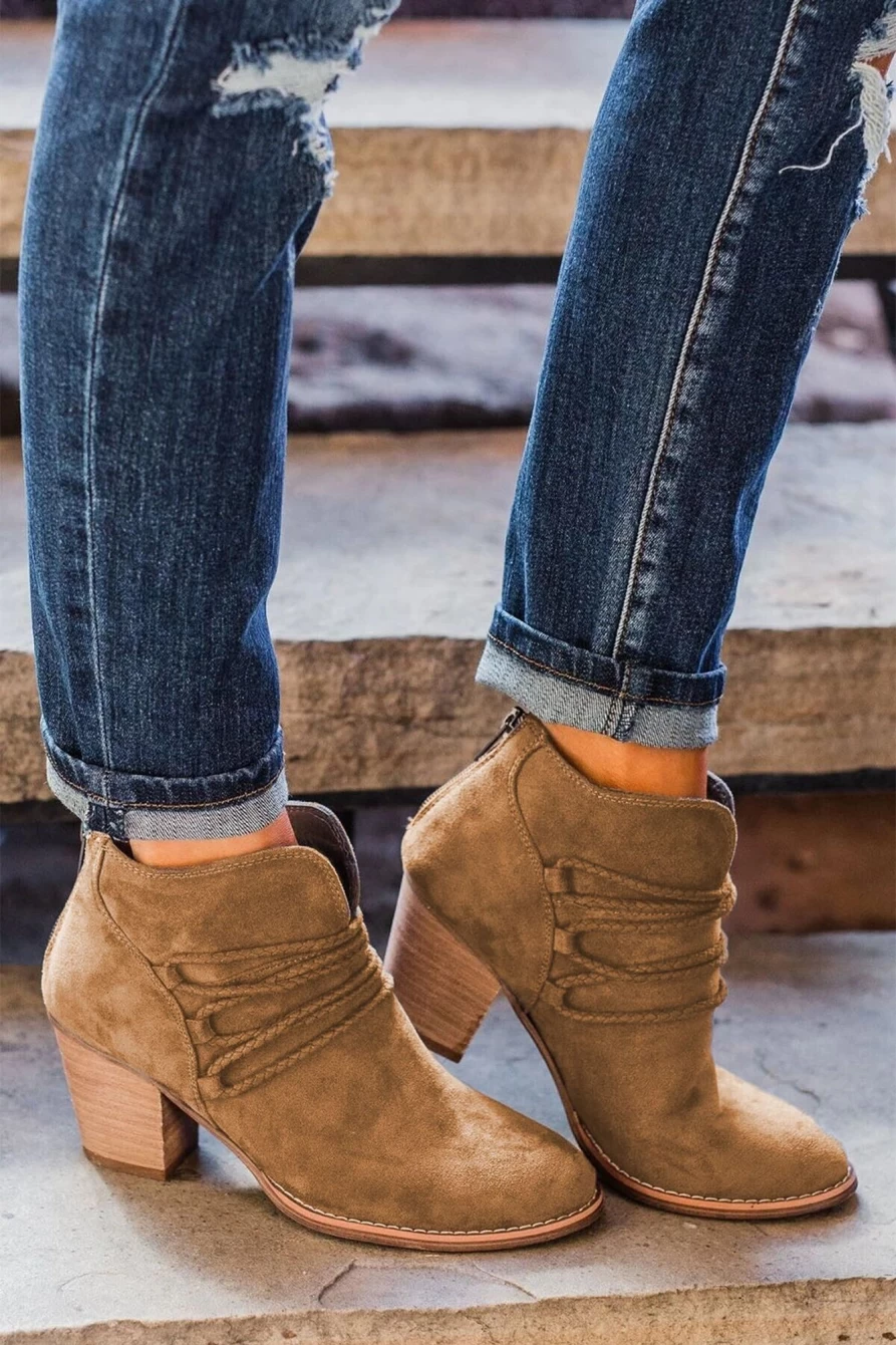 Shewin Women's Brown Criss Cross Slip-On Pointed Toe Heeled Boots
