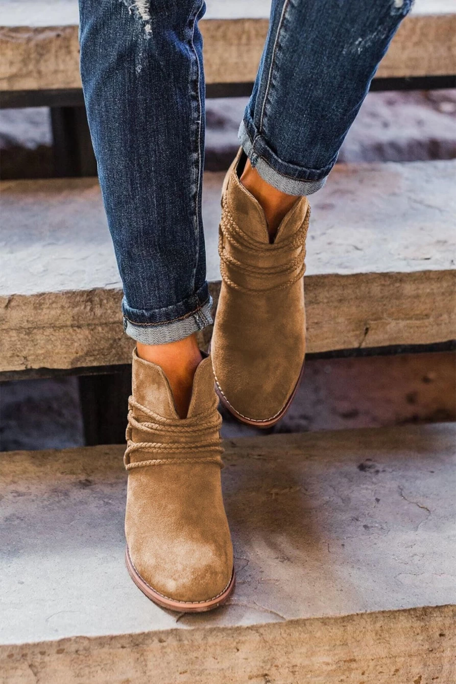 Shewin Women's Brown Criss Cross Slip-On Pointed Toe Heeled Boots