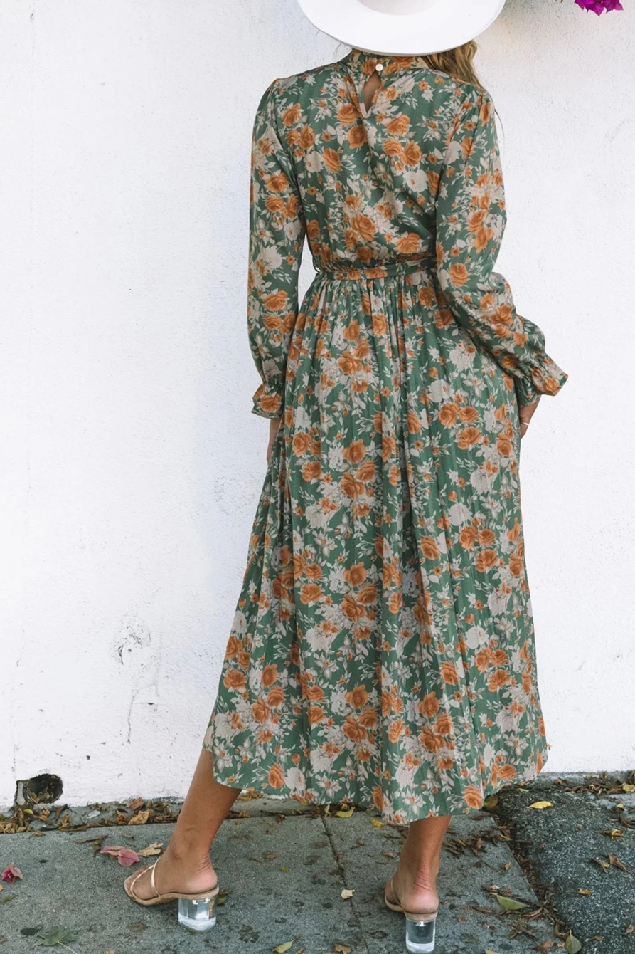 Shewin Women's Green Boho Floral Print Maxi Dress with Frill Neck & Pleated Belted Waist