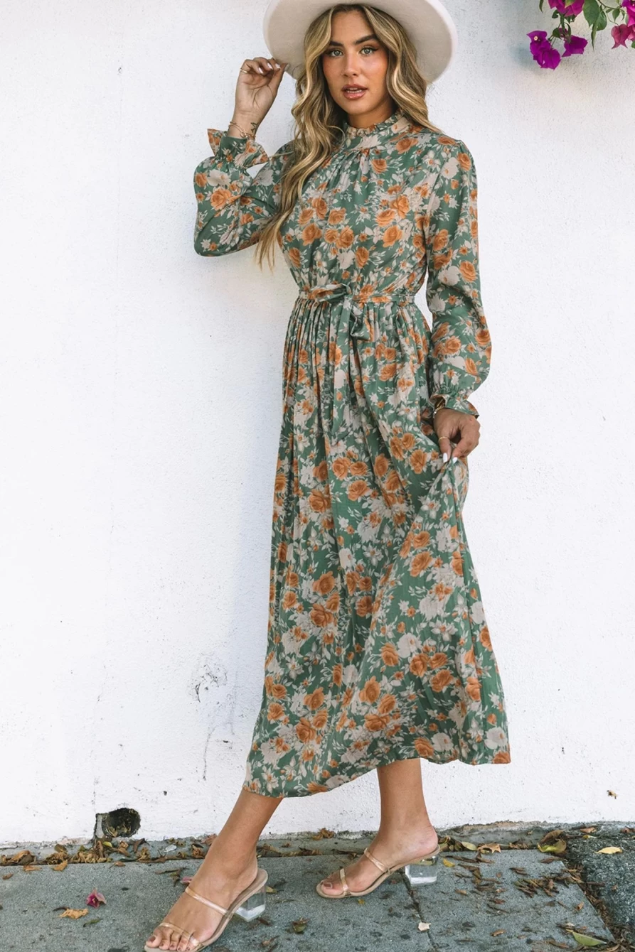 Shewin Women's Green Boho Floral Print Maxi Dress with Frill Neck & Pleated Belted Waist