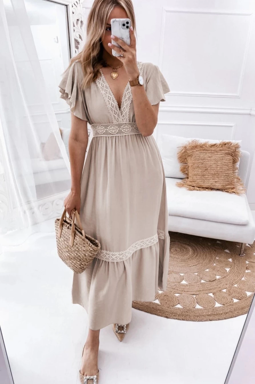 Shewin Women's Oatmeal Lace Dress with V-Neck, Ruffled Sleeves, and Empire Waist