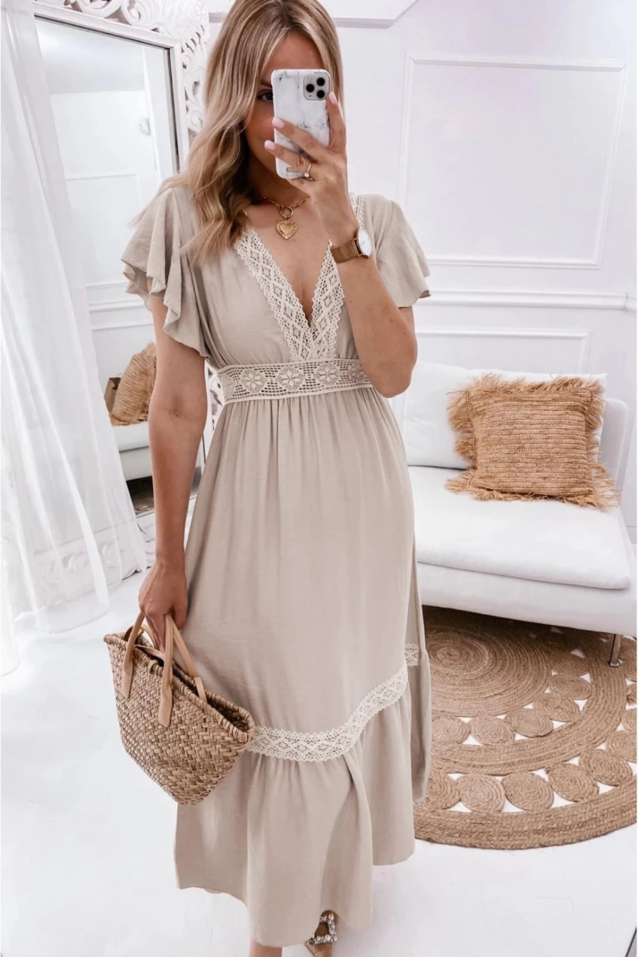 Shewin Women's Oatmeal Lace Dress with V-Neck, Ruffled Sleeves, and Empire Waist