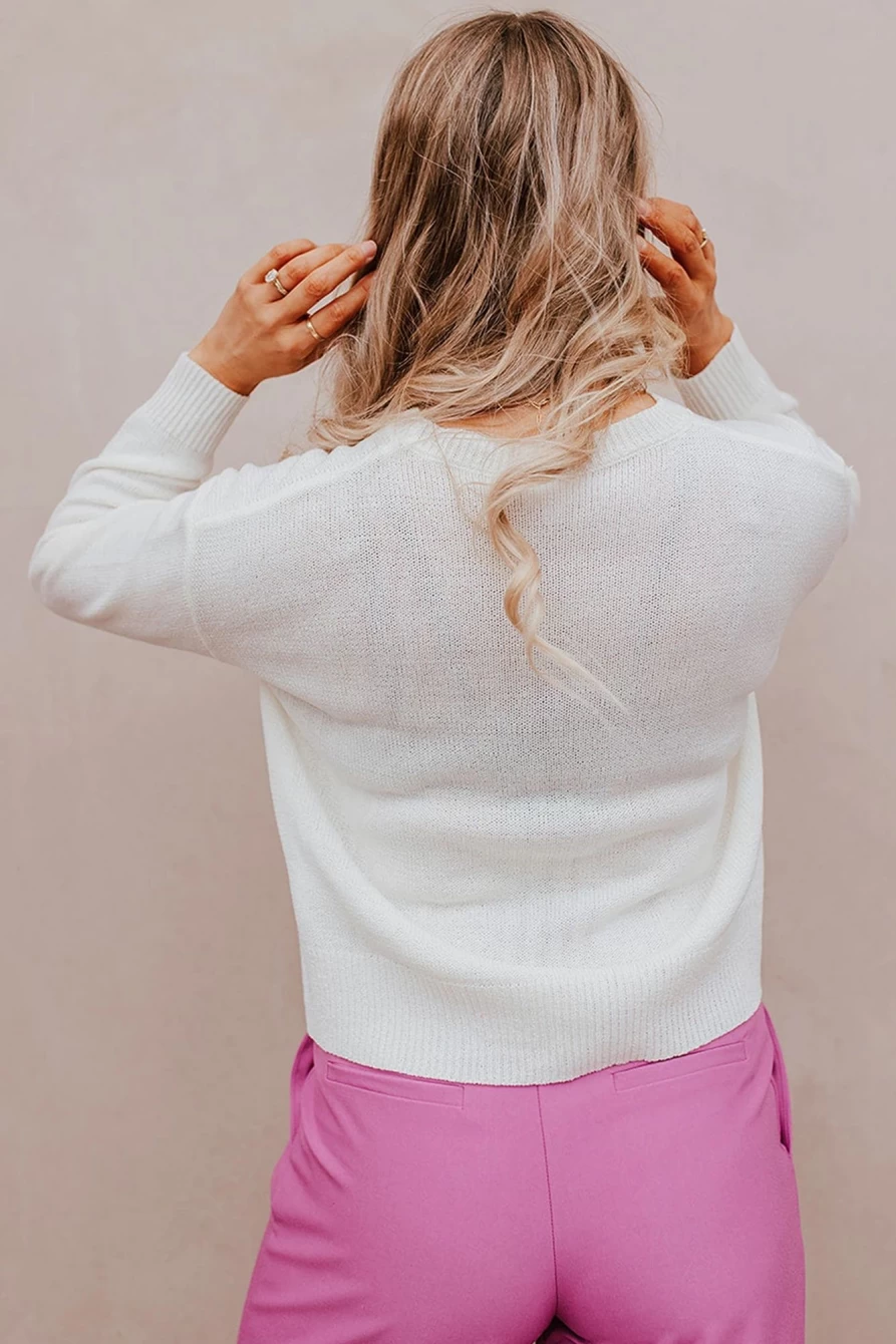 Women's White Heart Xoxo Knitted Sweater - Shewin Casual Pullover