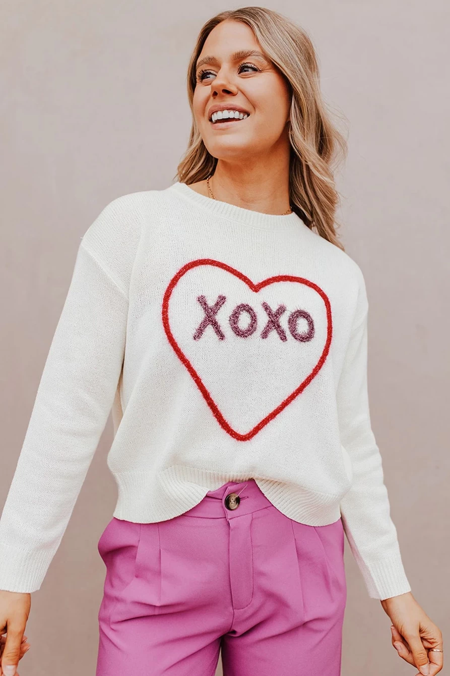 Women's White Heart Xoxo Knitted Sweater - Shewin Casual Pullover