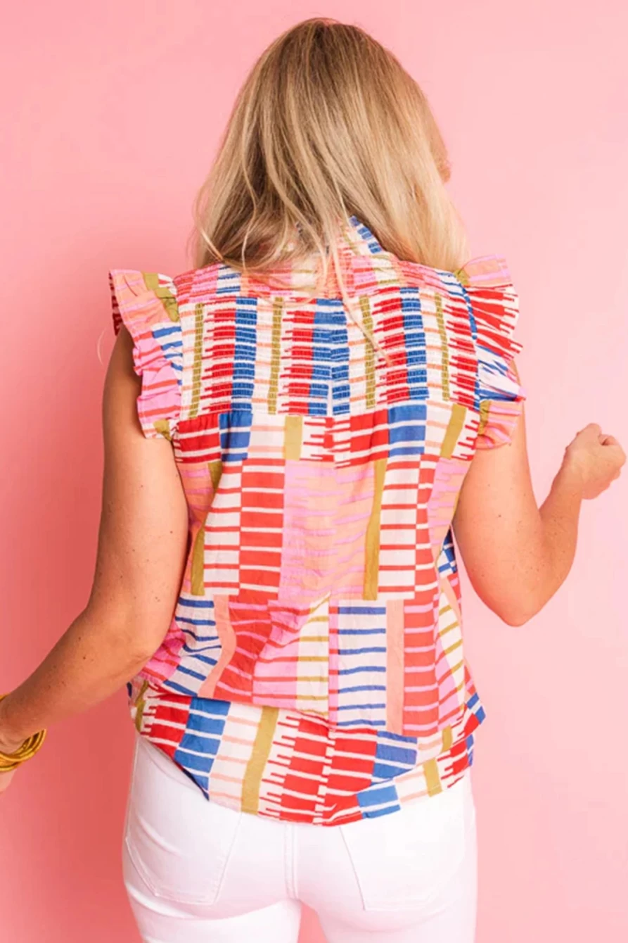 Shewin Women's Multicolor Stripe Smocked Blouse with Ruffle Detail & Stand Neck Sleeveless Top