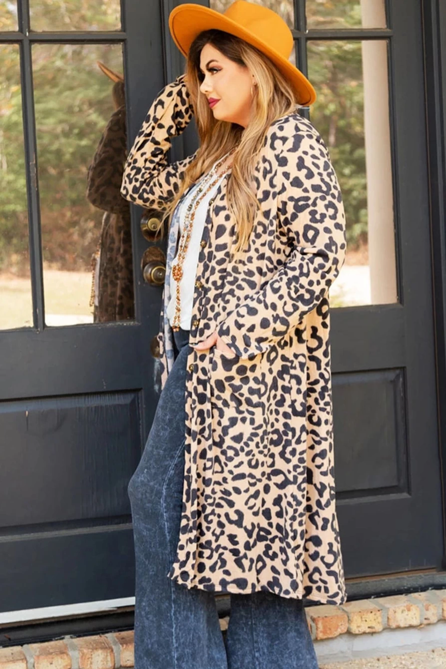 Shewin Women's Plus Size Leopard Print Long Cardigan with Front Pockets & Open Front