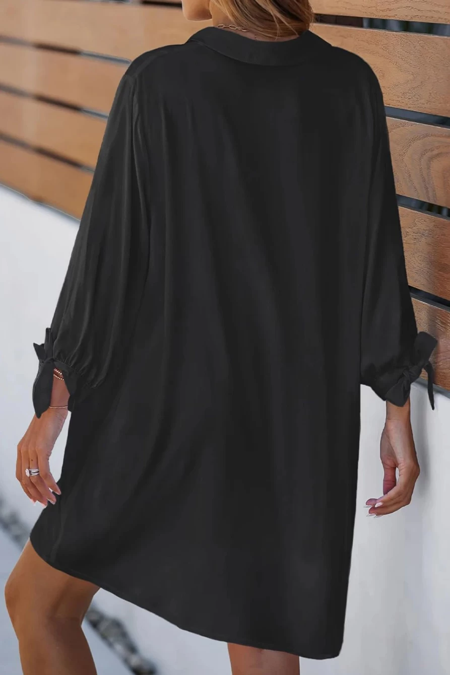 Shewin Women's Plus Size Black V-Neck Shirt Dress with Tie Cuffs