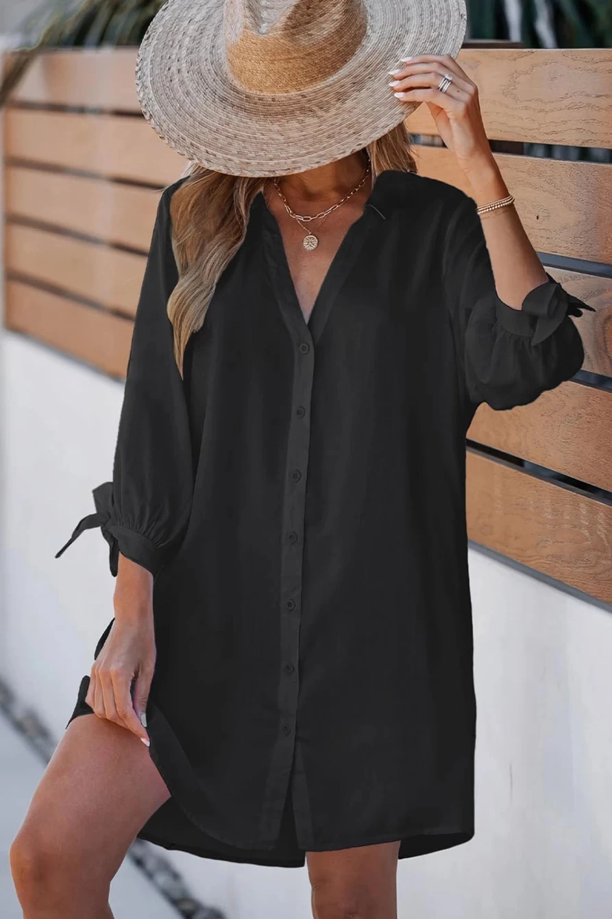 Shewin Women's Plus Size Black V-Neck Shirt Dress with Tie Cuffs