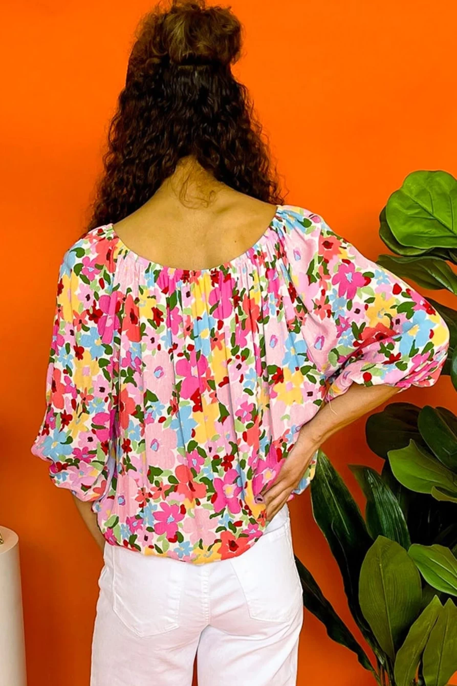 Shewin Women's Red Floral Print Blouse with Puff Sleeves & Elastic Neckline