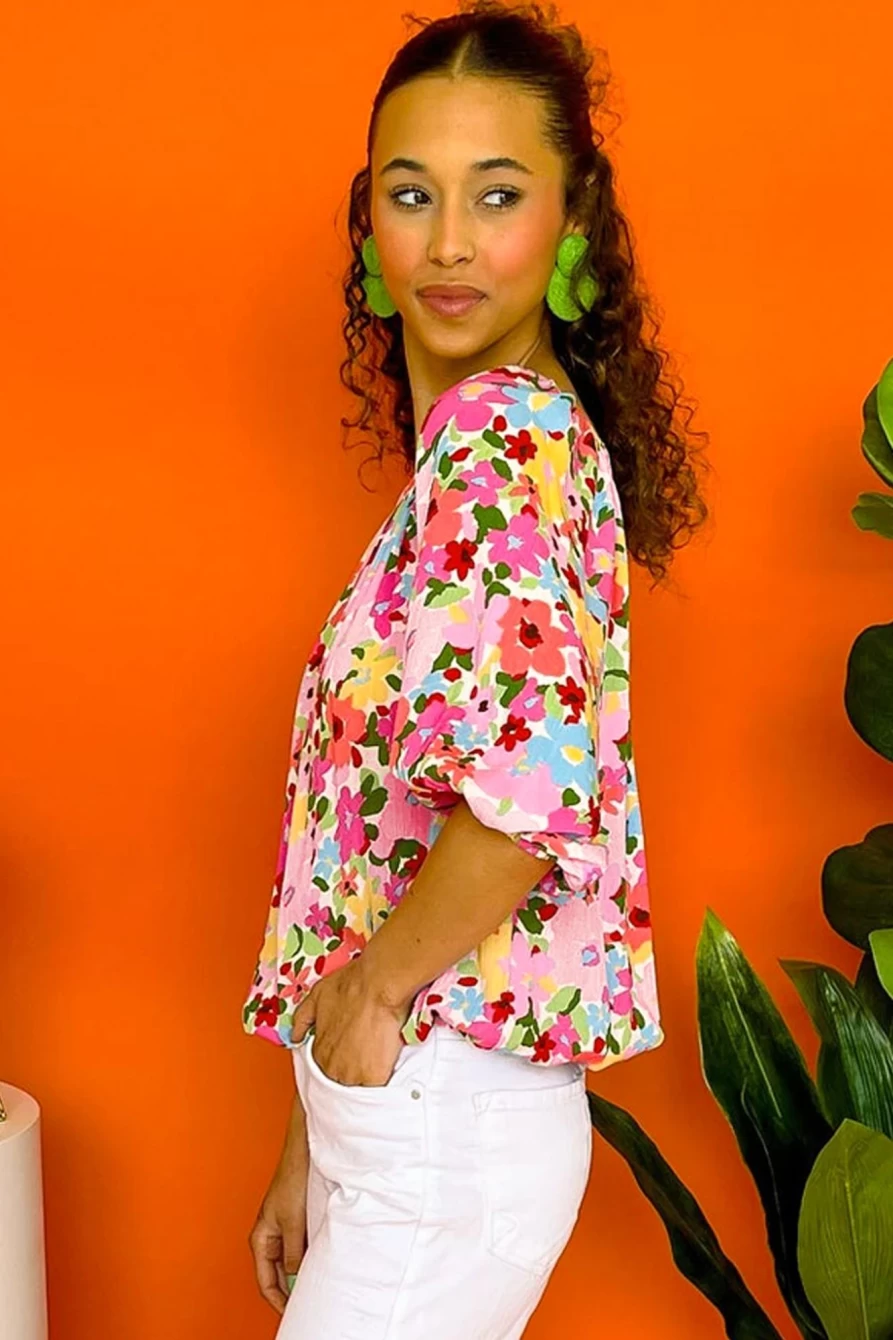 Shewin Women's Red Floral Print Blouse with Puff Sleeves & Elastic Neckline