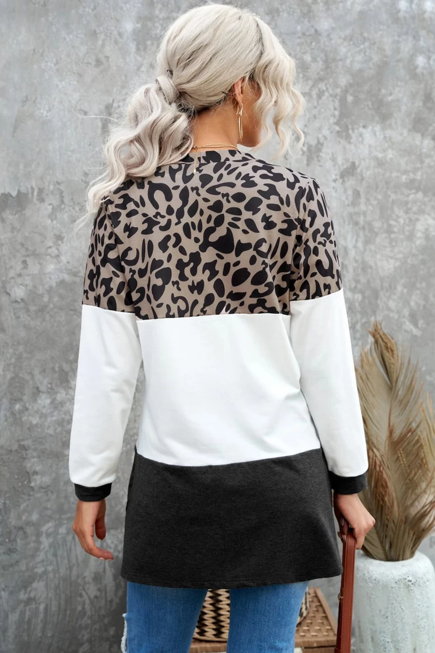 Women's Leopard Print Block V-Neck Cardigan with Pockets - SHEWIN