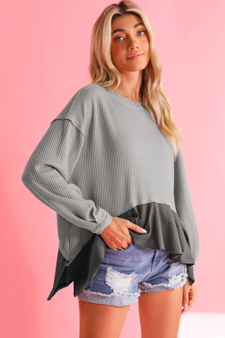 Shewin Women's Medium Grey Waffle Knit Patchwork Long Sleeve Top