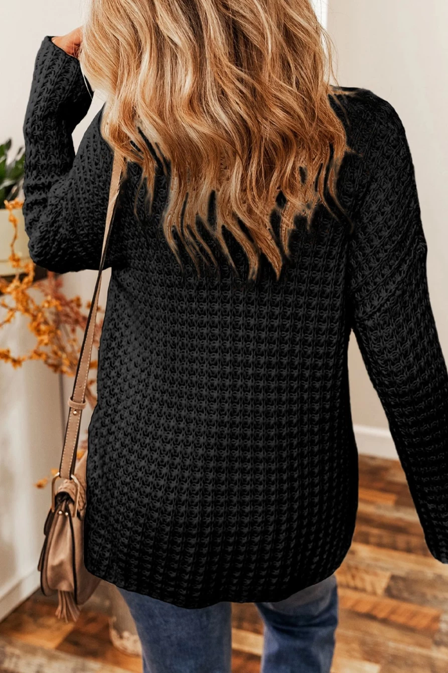 Shewin Women's Black Knitted V-Neck Loose Fit Sweater