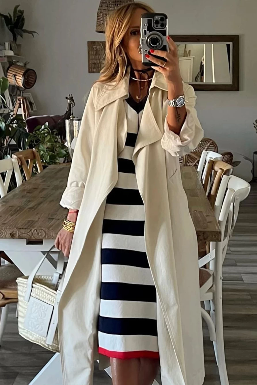 Shewin Women's Elegant V-Neck Striped Cap Sleeve Midi Dress