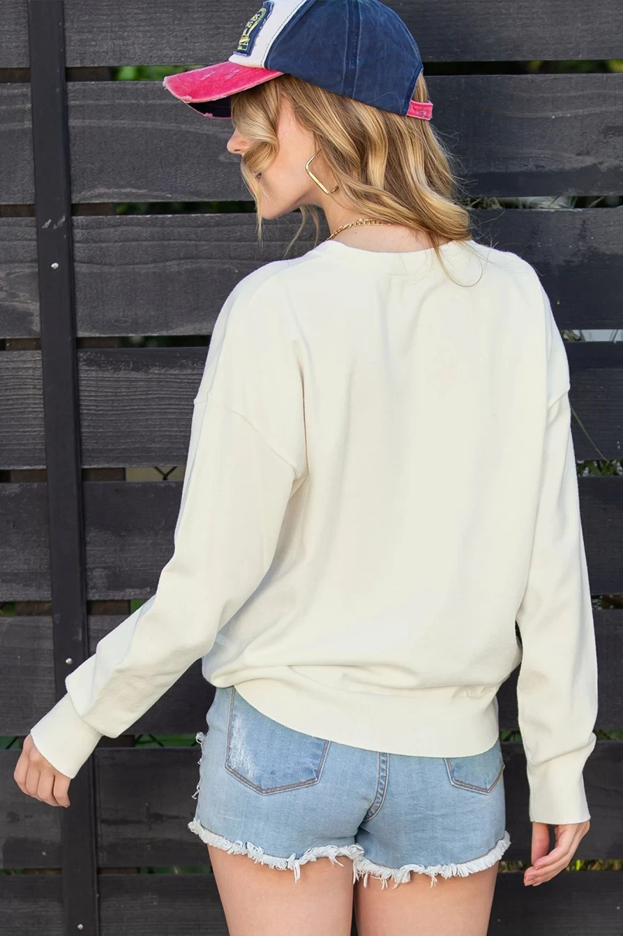 Shewin Women's Bright White Long Sleeve Bridal Sweater with Applique Letter Details