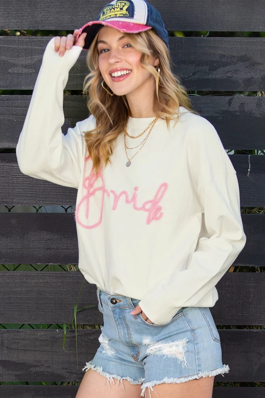 Shewin Women's Bright White Long Sleeve Bridal Sweater with Applique Letter Details
