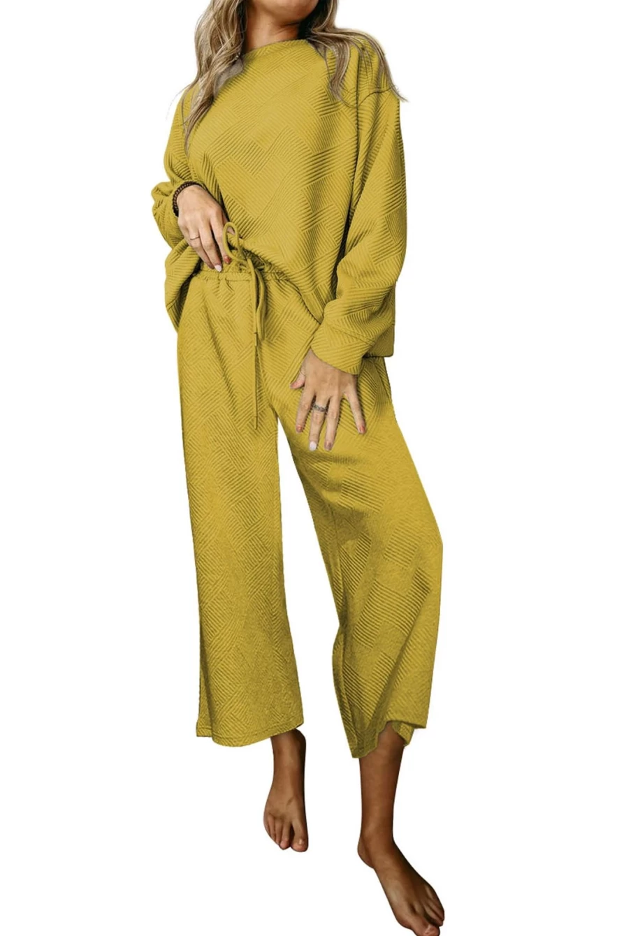 Shewin Women's Beige Textured Loose Slouchy Long Sleeve Top and Pants Set