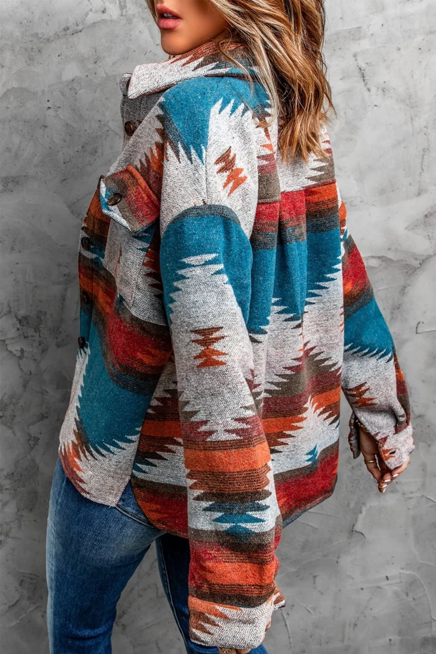 Shewin Women's Multicolor Aztec Print Jacket with Patch Pockets and Button Front