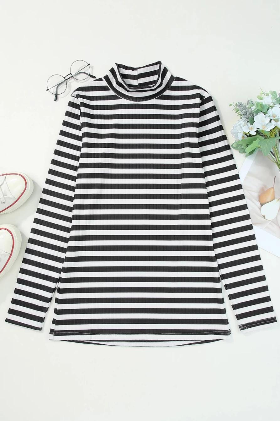 Shewin Women's Black Striped Mock Neck Long Sleeve Ribbed Knit Top