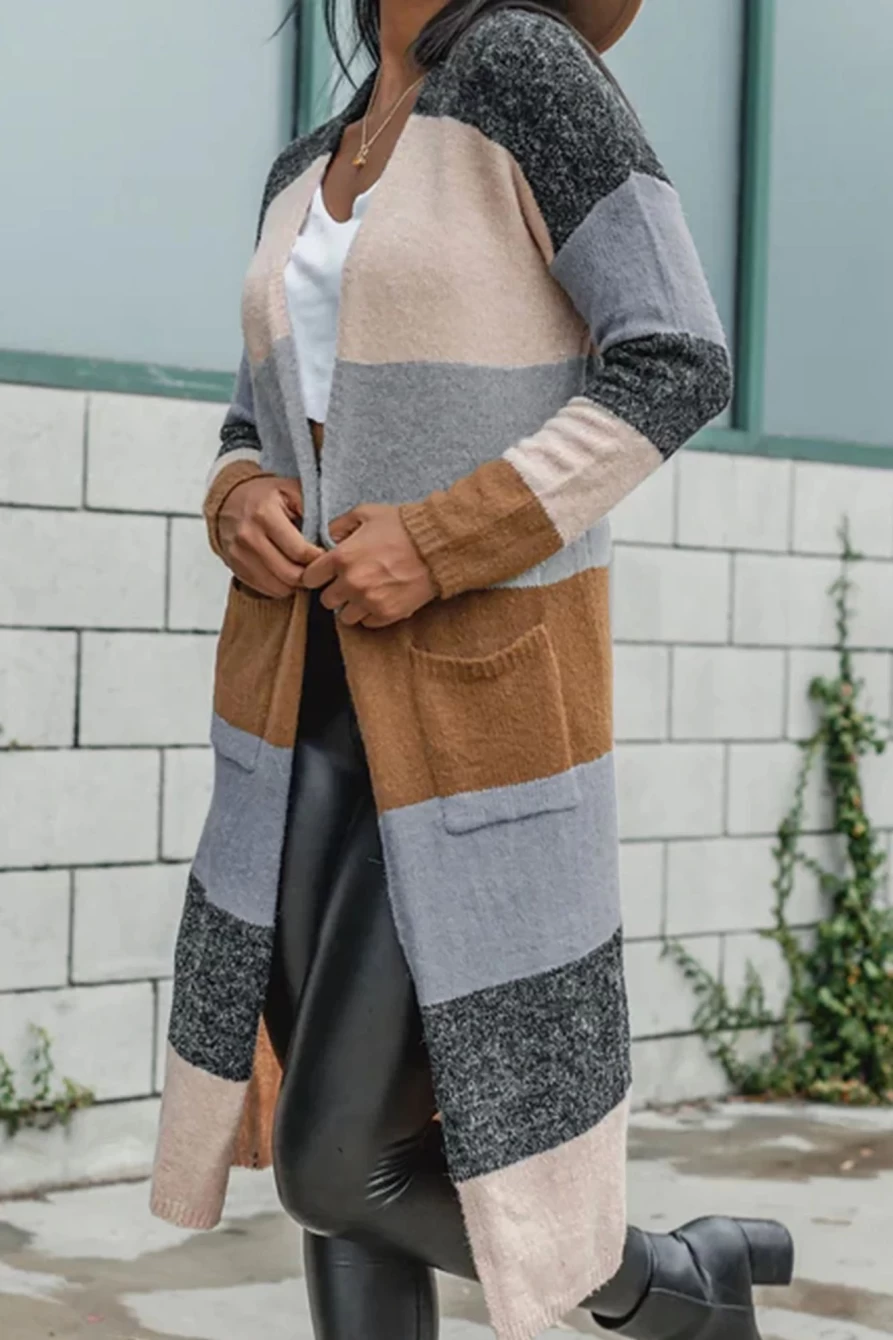 Shewin Women's Carbon Grey Knitted Color Block Long Cardigan Open Front Sweater