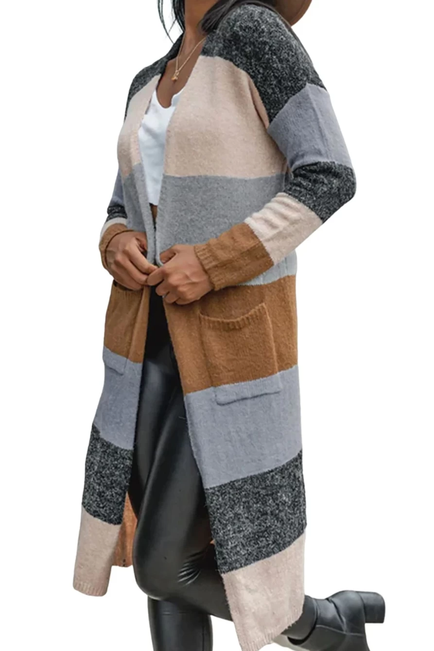 Shewin Women's Carbon Grey Knitted Color Block Long Cardigan Open Front Sweater