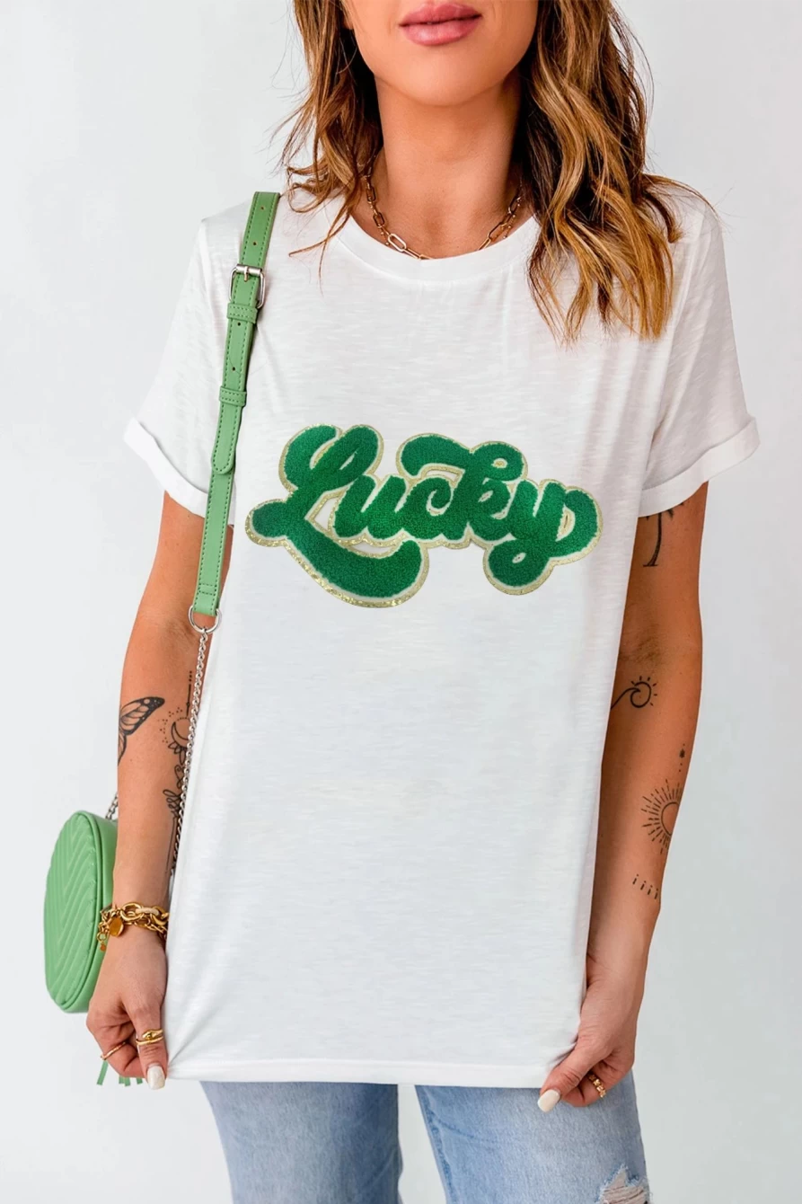 Shewin Women's White St Patrick's Day Lucky Chenille Glitter Graphic T-Shirt with Patched Design