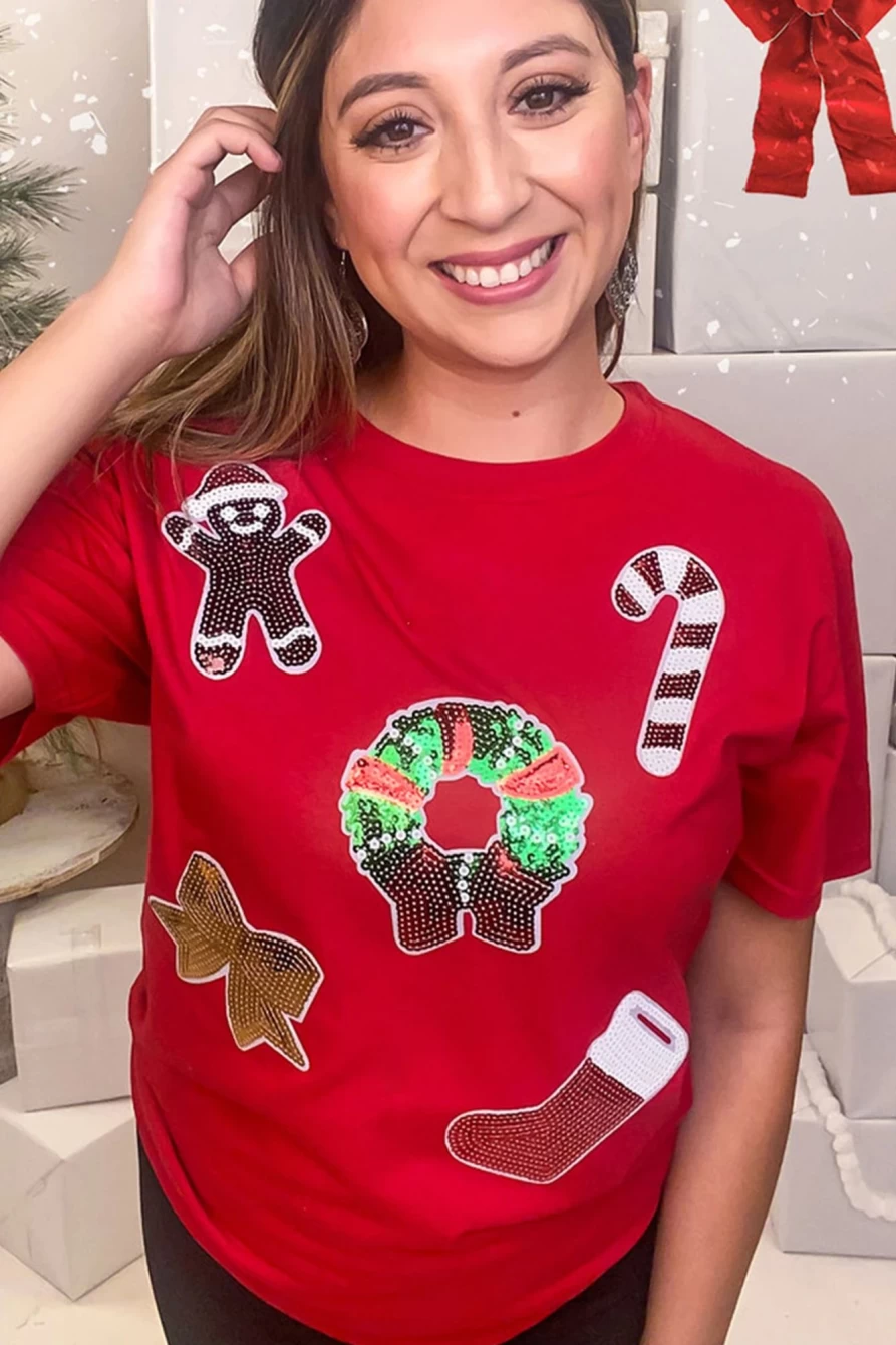 Shewin Women's Red-2 Christmas Sequin Graphic Tee with Crew Neck Holiday Pattern