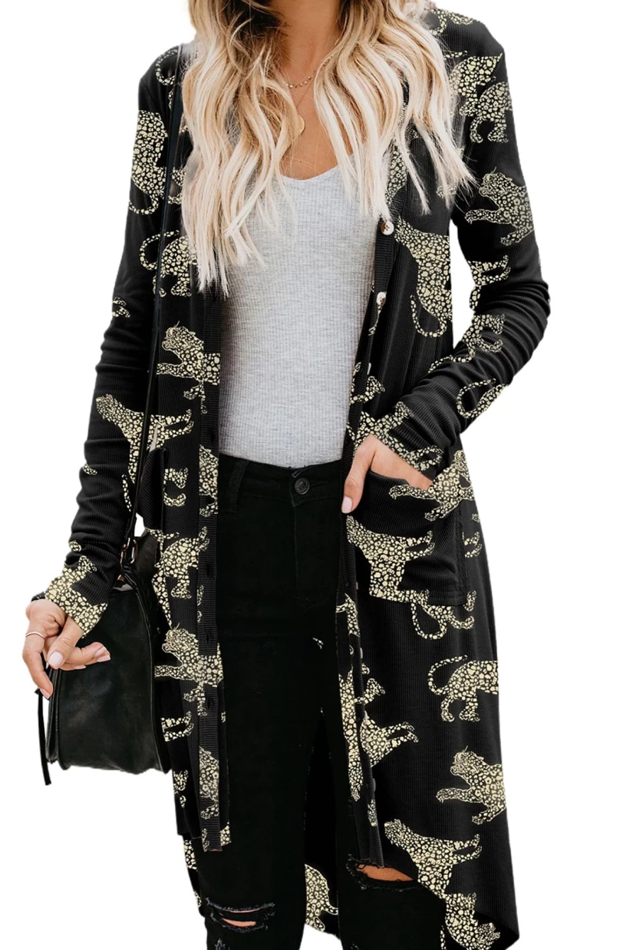 Shewin Women's Black Printed Long Cardigan with Animal Print Pockets & Ribbed Knit