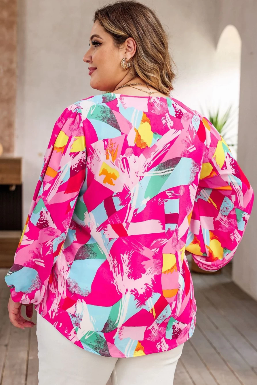 Shewin Women's Plus Size Pink Graffiti Print Blouse with Split Neck & Puff Sleeves