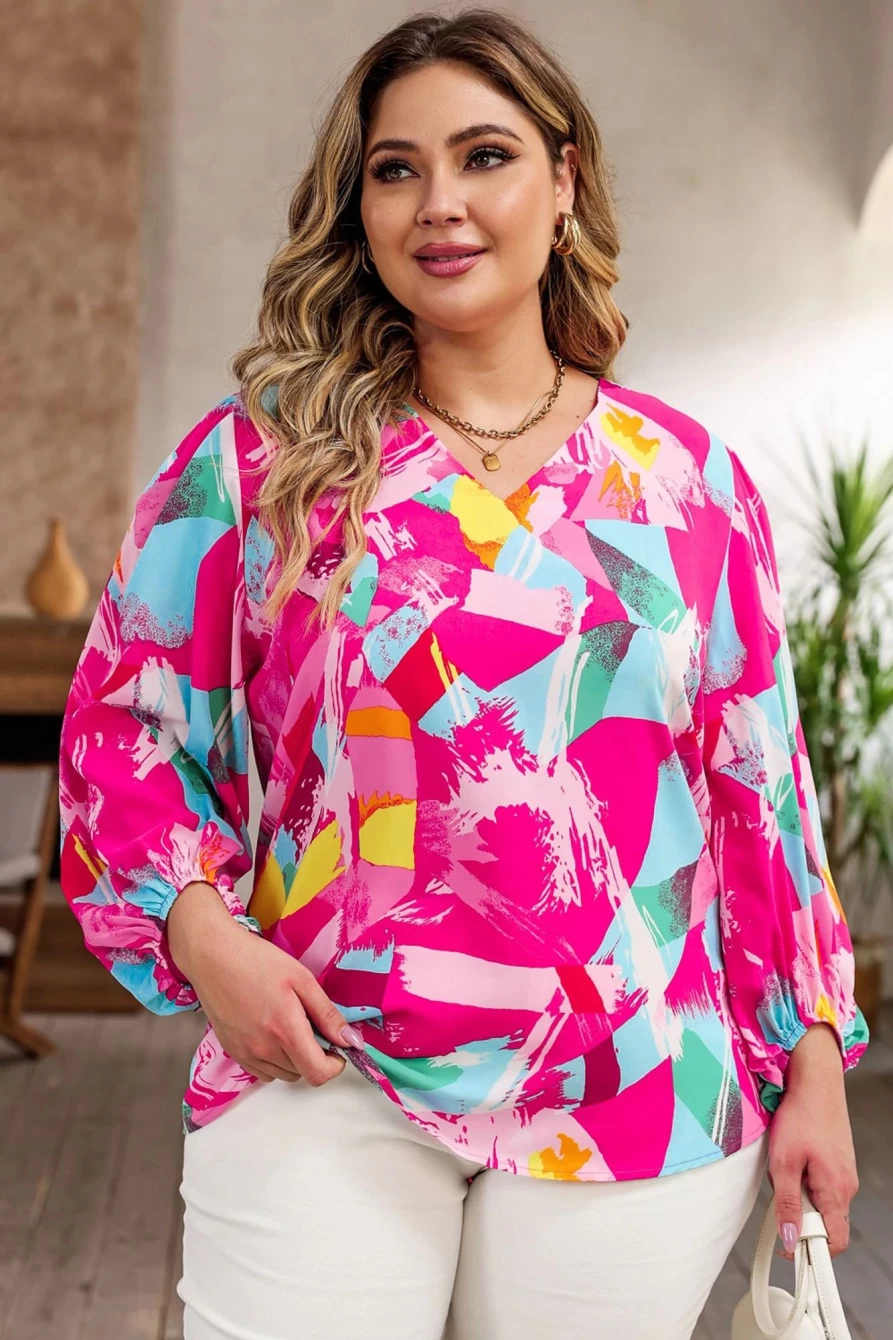 Shewin Women's Plus Size Pink Graffiti Print Blouse with Split Neck & Puff Sleeves