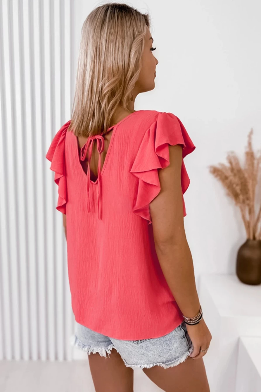 Shewin Women's Red V-Neck Ruffle Sleeve Loose Blouse