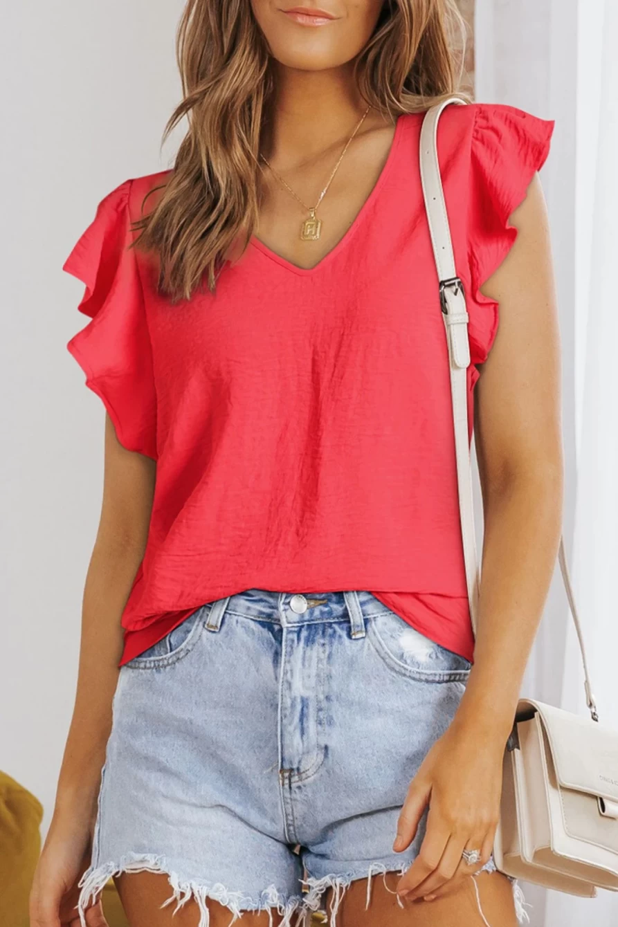 Shewin Women's Red V-Neck Ruffle Sleeve Loose Blouse