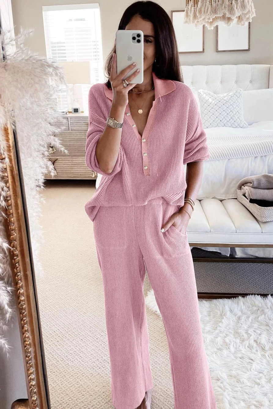 Shewin Women's Pink Ribbed Henley Shirt & Wide Leg Pants Lounge Set