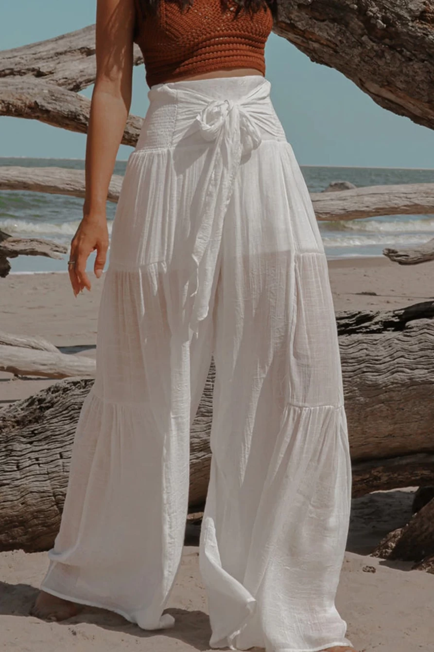 Shewin Women's White High Waist Smocked Sash Crinkled Wide Leg Pants