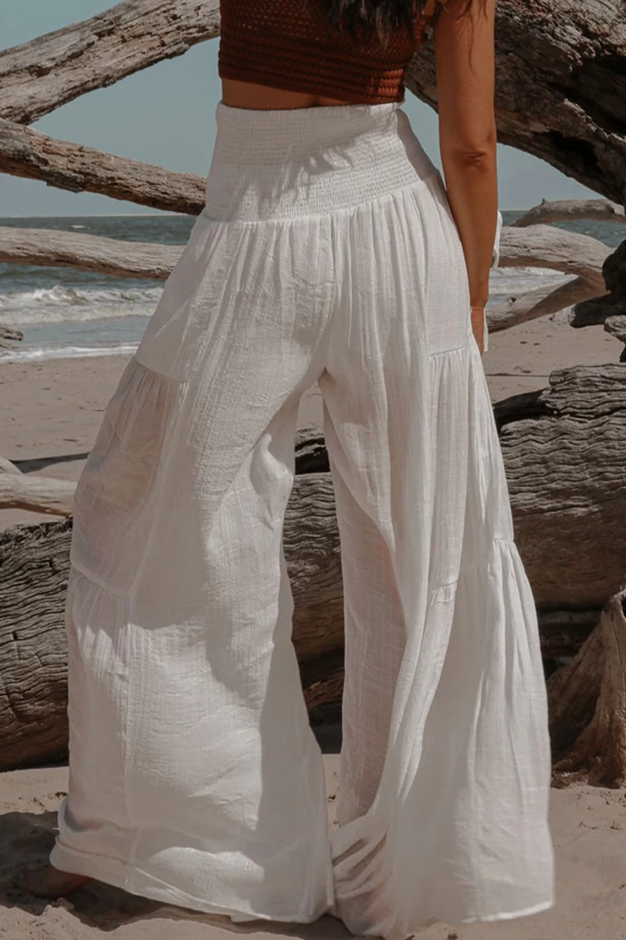 Shewin Women's White High Waist Smocked Sash Crinkled Wide Leg Pants