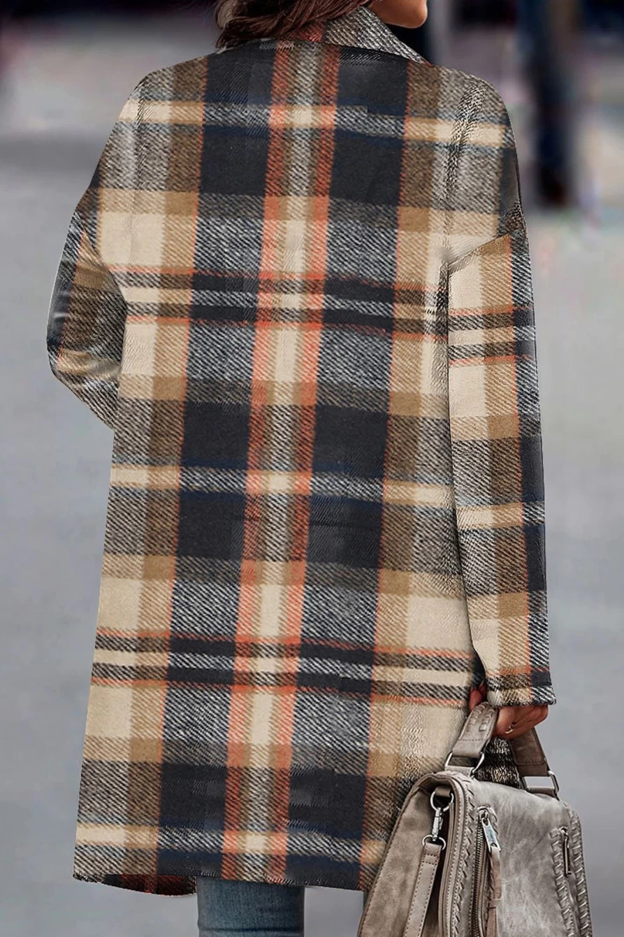 Shewin Women's Khaki Plaid Long Jacket with Button Up Lapel Collar